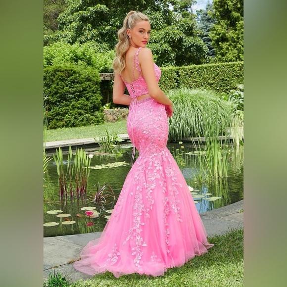 MORI LEE Bright Pink 2 Piece Floral Sparkly Lace Up Prom Gown - Picture 5 of 14
